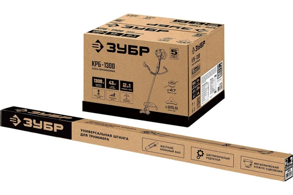 Триммер(2Т) бензин. ЗУБР КРБ-1300, 1.3кВт/1.7л.с, 43см?, диск+леска, неразборная штанга