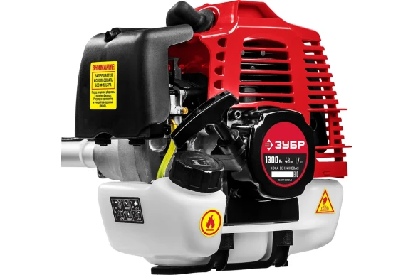 Триммер(2Т) бензин. ЗУБР КРБ-1300, 1.3кВт/1.7л.с, 43см?, диск+леска, неразборная штанга