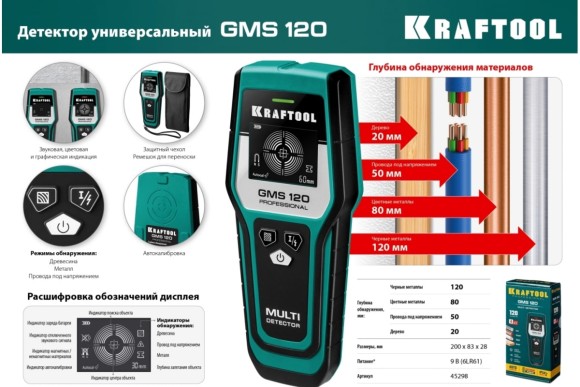 Детектор проводки GMS 120 120 мм KRAFTOOL