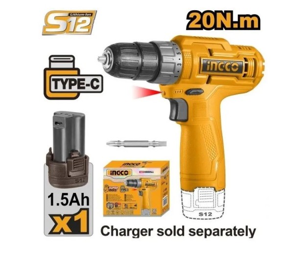 Шуруповёрт аккум. INGCO CDLI12428, 12В, 20Н*м, 750об/мин, АКБ 1-шт (1.5А*ч), USB type-C