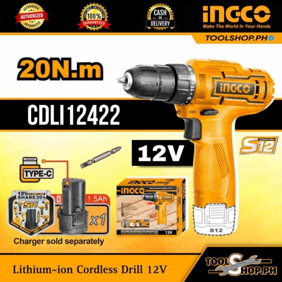 Шуруповёрт аккум. INGCO CDLI12428, 12В, 20Н*м, 750об/мин, АКБ 1-шт (1.5А*ч), USB type-C