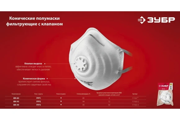 ЗУБР ФК-99, класс защиты FFP3, коническая, фильтрующая полумаска с клапаном выдоха (11163-3)