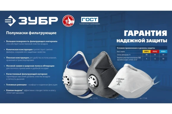 ЗУБР ФК-99, класс защиты FFP3, коническая, фильтрующая полумаска с клапаном выдоха (11163-3)