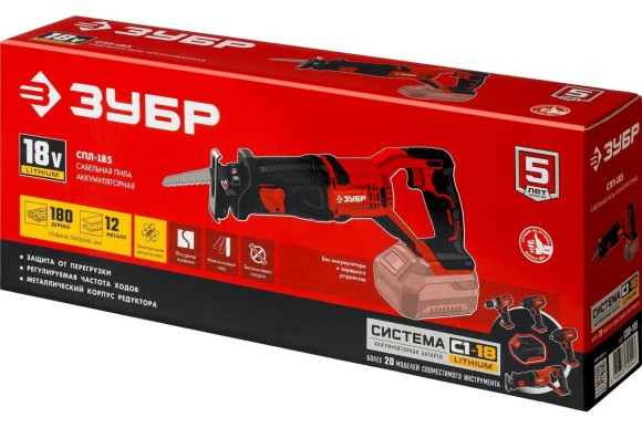 Пила сабельная аккум. ЗУБР СПЛ-185, 18В, 180/12мм, 2600ход/мин, без АКБ и ЗУ, в коробке Пила сабельная аккум. ЗУБР СПЛ-185, 18В, 180/12мм, 2600ход/мин, без АКБ и ЗУ, в коробке