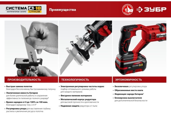 Пила сабельная аккум. ЗУБР СПЛ-185, 18В, 180/12мм, 2600ход/мин, без АКБ и ЗУ, в коробке Пила сабельная аккум. ЗУБР СПЛ-185, 18В, 180/12мм, 2600ход/мин, без АКБ и ЗУ, в коробке