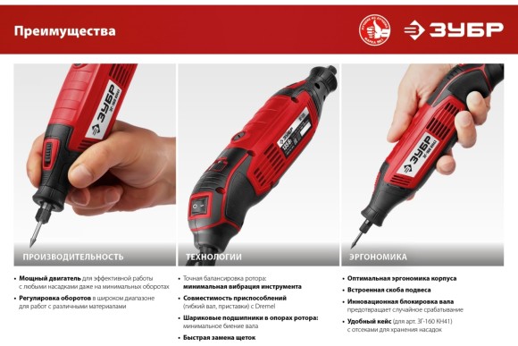 Гравёр электрич. ЗУБР ЗГ-160 КН41 160Вт, 3.2мм, 15000-35000об/мин, 41 предмет, в кейсе Гравёр электрич. ЗУБР ЗГ-160 КН41 160Вт, 3.2мм, 15000-35000об/мин, 41 предмет, в кейсе