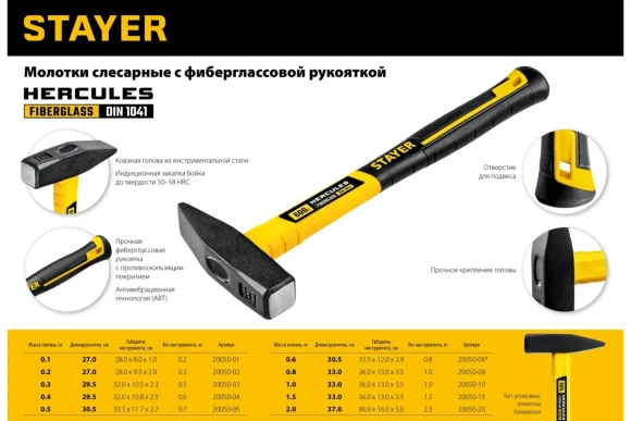 Молоток Hercules 500г фиберглас рукояткаSTAYER 