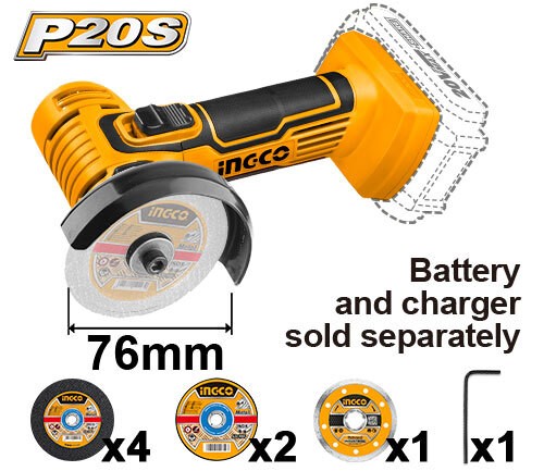 Шлифмашина угловая аккум. INGCO CAGLI7601, 76х10мм, 20В, 19500об/мин, без АКБ и ЗУ, в коробке Шлифмашина угловая аккум. INGCO CAGLI7601, 76х10мм, 20В, 19500об/мин, без АКБ и ЗУ, в коробке