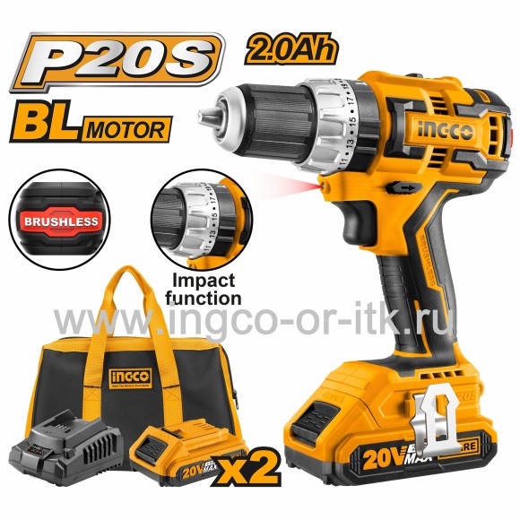 Шуруповерт аккум.ударный INGCO CIDLI20608,20В*2,0А/ч*2шт,60 Н/м,0-450/0-1900о/мин