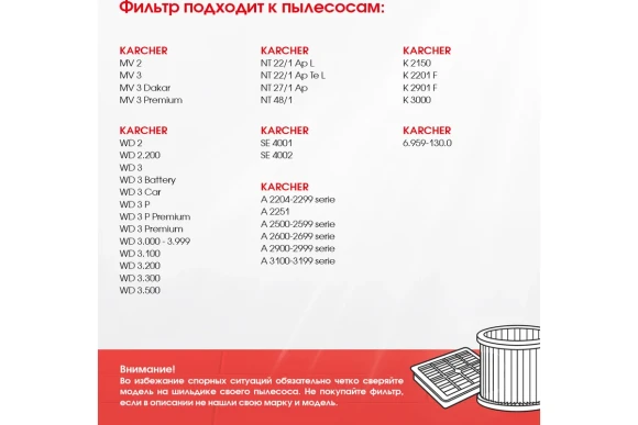 Фильтр для пылесосов Karcher WD 3, WD 2, MV 3, MV 2, SE 4001, NT 22/1 ROCKSTAR
