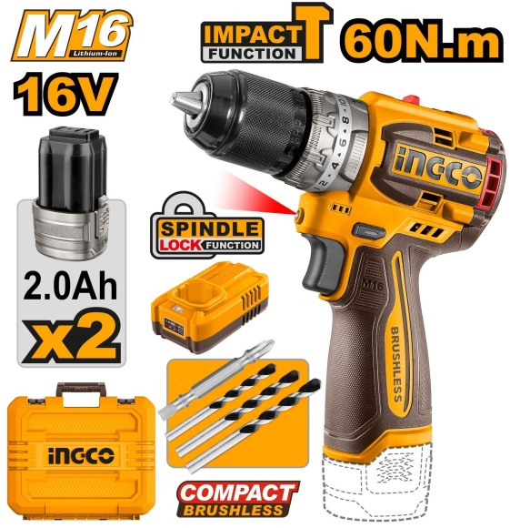 Шуруповёрт(BL) аккум. ударн. INGCO CIDLI16682, 16В, 60Н*м, 2000об/мин, АКБ 2-шт (2А*ч), в кейсе