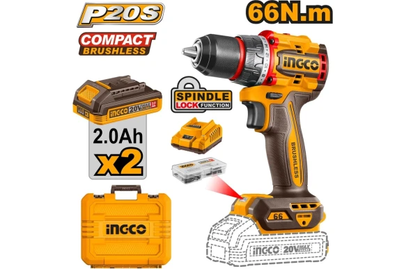 Шуруповерт аккум.INGCO CDLI20668,20В*2,0А/ч*2шт,66Н/м,0-450/0-1800о/мин,кейс
