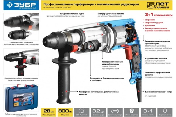 Перфоратор ЗУБР ЗП-32-1100 К,1100Вт, 3.4Дж, SDS+, 32мм, 920об/мин, в кейсе