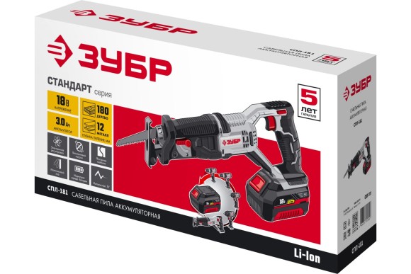 Пила сабельная ЗУБР СПЛ-181, 18В Li-ion 3Ач*1шт,180/12мм,0-2600о/мин Пила сабельная ЗУБР СПЛ-181, 18В Li-ion 3Ач*1шт,180/12мм,0-2600о/мин