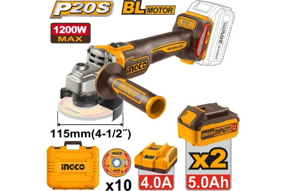 Шлифмашина(BL) угловая аккум. INGCO CAGLI2211532, 115мм, 20В, 9000об/мин, АКБ 1-шт (5А*ч), в кейсе