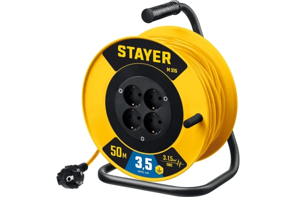 Удлинитель на катушке STAYER M 315, 50м, 3.5кВт, 220В, 4 розетки, ПВС 3х1.5мм? Удлинитель на катушке STAYER M 315, 50м, 3.5кВт, 220В, 4 розетки, ПВС 3х1.5мм?