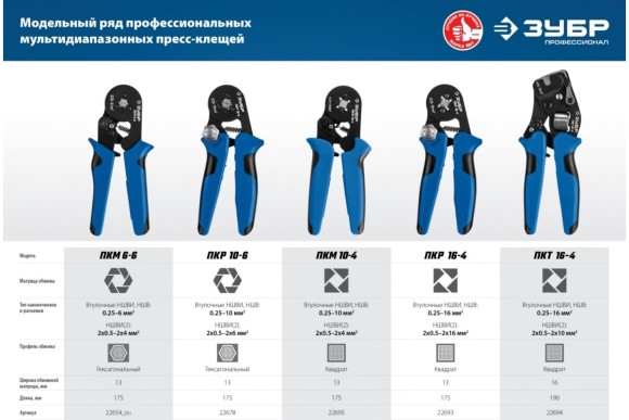 Клещи для обжима втулочных наконечников 0,25-16мм2, ЗУБР Клещи для обжима втулочных наконечников 0,25-16мм2, ЗУБР