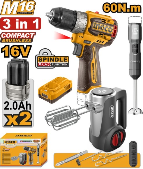 Набор шурупов+ блендер100Вт+ миксер 125Вт аккум.INGCO CKLI2007,16В*2А/ч*2шт,60Н/м,кейс