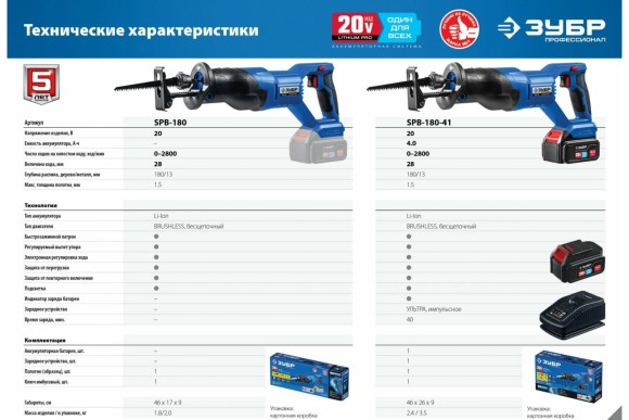 Пила(BL) сабельная аккум. ЗУБР SPB-180, 20В, 180/13мм, без АКБ и ЗУ, в коробке