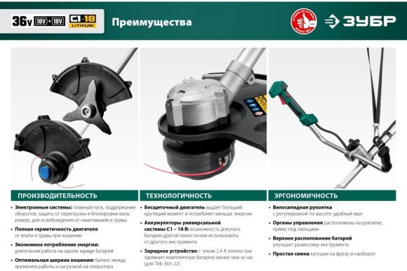 Триммер аккумуляторный ЗУБР ТАБ-365-22, 36В, 2мм, 255*25,4мм, 7000об/мин, АКБ 2-шт (2А*ч) 
