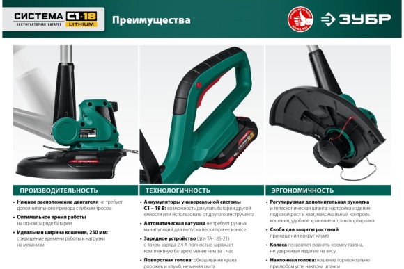 Триммер аккумуляторный ЗУБР  ТА-185-21,18В, 1 АКБ 2 А*ч,леска 25см