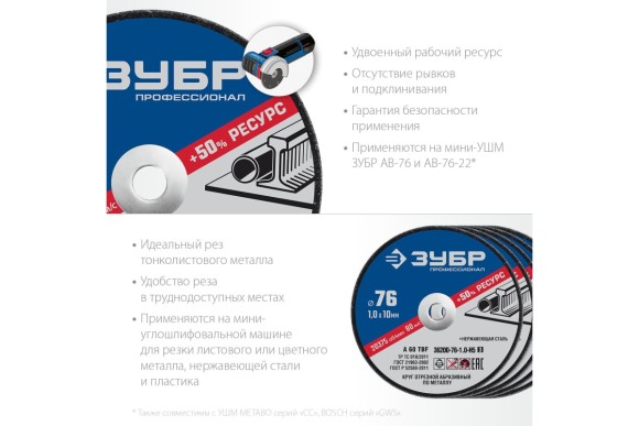 Набор отрезных кругов по металлу 76 х 1.0 х 10мм, 5-штук, ЗУБР Набор отрезных кругов по металлу 76 х 1.0 х 10мм, 5-штук, ЗУБР
