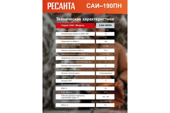 Сварочный аппарат, инверторный САИ 190ПН,20-190А,5,5кВт,электрод-1,6-5мм Ресанта Сварочный аппарат, инверторный САИ 190ПН,20-190А,5,5кВт,электрод-1,6-5мм Ресанта