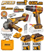 Набор шуруповёрт(BL)+УШМ(BL) аккум. INGCO CKLI20273, 20В, 66Н*м, АКБ 2-шт (4А*ч+2А*ч), в кейсе 