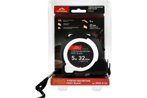 Рулетка 5м х 32мм с автостопом, чёрная двусторонняя шкала, магнитный зацеп, VERTEXTOOLS Рулетка 5м х 32мм с автостопом, чёрная двусторонняя шкала, магнитный зацеп, VERTEXTOOLS