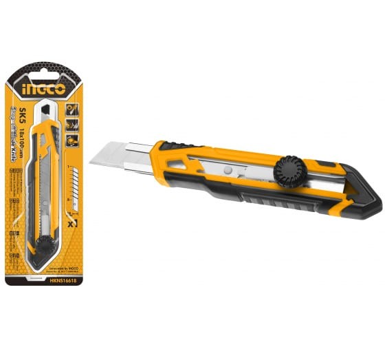 Нож с винтовым фиксатором 18мм, двухкомпонентный корпус, HKNS16618 INGCO