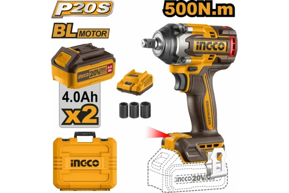 Гайковерт аккумуляторный INGCO CIWLI2050, 500Н/м,20В,4А/ч, Li-ion-2шт,0-1600/0-3300/0о/мин,кейс Гайковерт аккумуляторный INGCO CIWLI2050, 500Н/м,20В,4А/ч, Li-ion-2шт,0-1600/0-3300/0о/мин,кейс