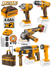 Набор Шуруповёрт+Гайковёрт+УШМ+Перфоратор+Фонарь аккум.INGCO CKLI2019 ,20В*4 А/ч*2шт,+кейс сумка