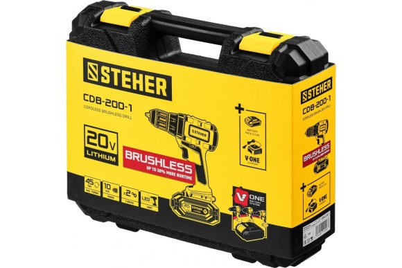 Шуруповёрт(BL) аккум. STEHER CDB-200-1, 20В, 45Н*м, 1350об/мин, АКБ 1-шт (2А*ч), в кейсе