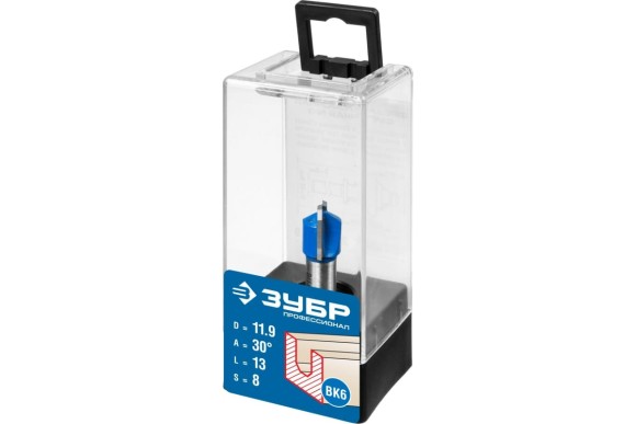 Фреза пазовая фасонная D=11.9 х L=13 х H=45мм, 30°, хвостовик 8мм, ЗУБР Фреза пазовая фасонная D=11.9 х L=13 х H=45мм, 30°, хвостовик 8мм, ЗУБР