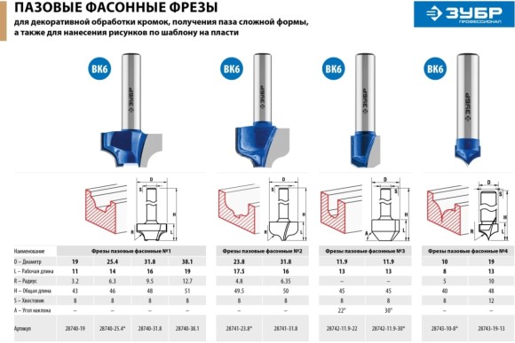 Фреза пазовая фасонная D=11.9 х L=13 х H=45мм, 30°, хвостовик 8мм, ЗУБР Фреза пазовая фасонная D=11.9 х L=13 х H=45мм, 30°, хвостовик 8мм, ЗУБР