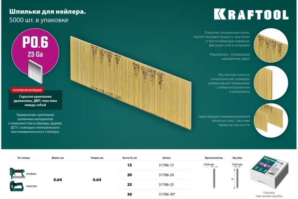 Гвозди для нейлера 33мм тип 23GA (PN/P0.6/P) ,10000 шт KRAFTOOL. 31786-30 Гвозди для нейлера 33мм тип 23GA (PN/P0.6/P) ,10000 шт KRAFTOOL. 31786-30