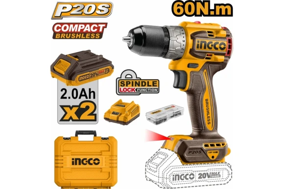 Шуруповерт аккум.INGCO CDLI20602,20В*2,0А/ч*2шт,60Н/м,0-550/0-2000о/мин,кейс