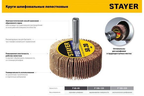 Круг шлифовальный лепестковый на шпильке 50x20 мм P120 STAYER 36607-120 Круг шлифовальный лепестковый на шпильке 50x20 мм P120 STAYER 36607-120