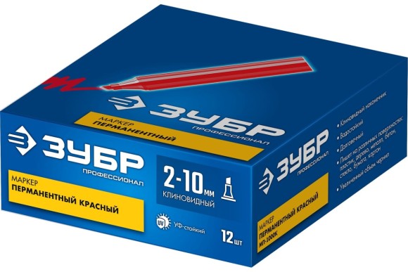 Маркер перманентный красный, клиновидный 2-10мм, МП-1000К, ЗУБР Маркер перманентный красный, клиновидный 2-10мм, МП-1000К, ЗУБР