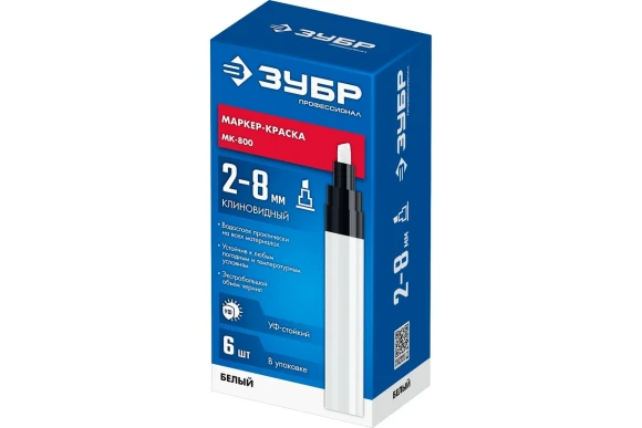 Маркер-краска белый, клиновидный 2-8мм, МК-800, ЗУБР Маркер-краска белый, клиновидный 2-8мм, МК-800, ЗУБР