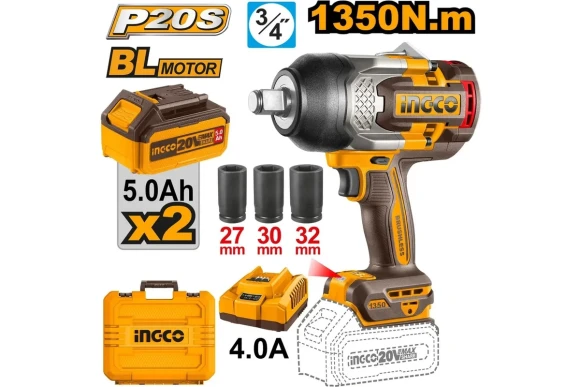 Гайковёрт(BL) аккум. INGCO CIWLI20135, 20В, 1350Н*м, квадрат 3/4", АКБ 2х5,0 Ач Гайковёрт(BL) аккум. INGCO CIWLI20135, 20В, 1350Н*м, квадрат 3/4", АКБ 2х5,0 Ач