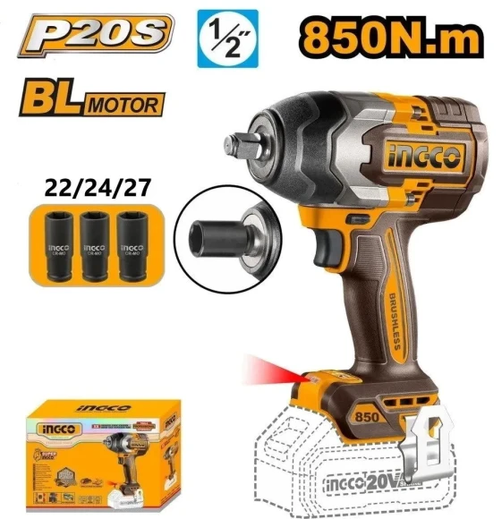 Гайковёрт(BL) аккум. INGCO CIWLI20851, 20В, 850Н*м, квадрат 1/2", АКБ 0-шт  в коробке