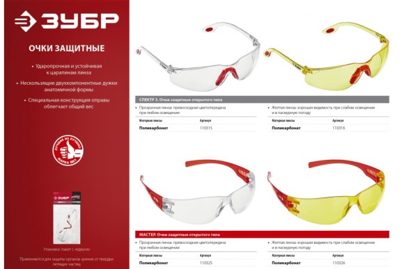 Очки защитные открытого типа прозрачные ЗУБР СПЕКТР 3 Очки защитные открытого типа прозрачные ЗУБР СПЕКТР 3
