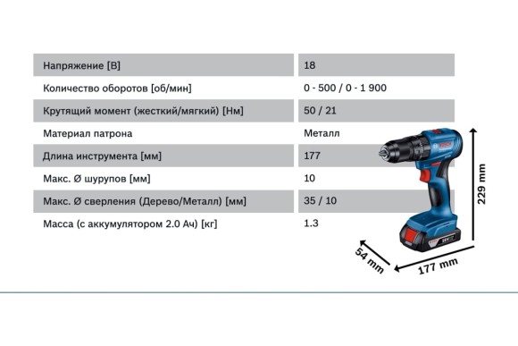 Шуруповёрт, аккум  ударный BOSCH GSB 185 Li, 50Н/м,2*2,0А/ч Li-ion.кейс