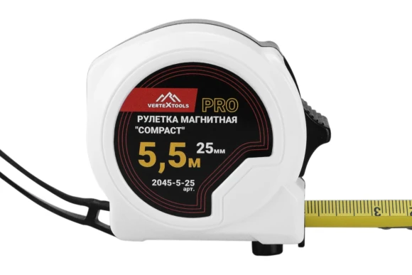 Рулетка 5.5м х 25мм с автостопом, жёлтая лента, магнитный зацеп, VERTEXTOOLS Рулетка 5.5м х 25мм с автостопом, жёлтая лента, магнитный зацеп, VERTEXTOOLS