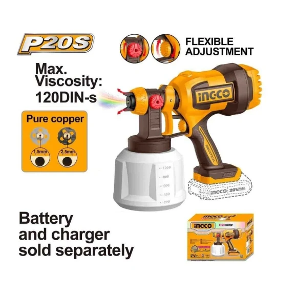 Краскораспылитель аккум.INGCO CSGLI2004,20В Li-ion-0шт,1000мл, 800мл/мин,3 сопла,коробка