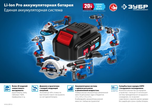 Аккумулятор ЗУБР 20ВLi-ion,2.0А/ч 