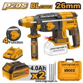 Перфоратор(BL) аккум. INGCO CRHLI202287, 20В, 2.5Дж, SDS+, 26мм, АКБ 2-шт (4А*ч), в кейсе