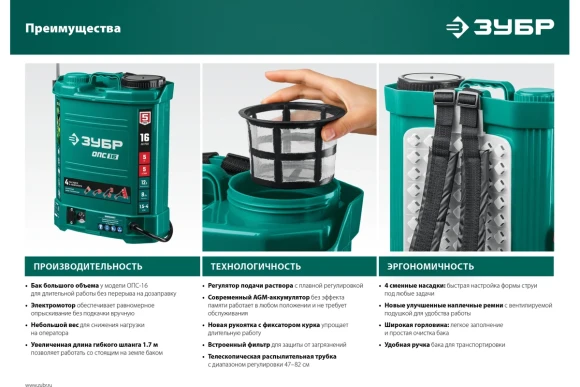 Опрыскиватель ранцевый аккум. ЗУБР ОПС-16, 16л, штанга 55-100см, шланг 1.7м, 5кг Опрыскиватель ранцевый аккум. ЗУБР ОПС-16, 16л, штанга 55-100см, шланг 1.7м, 5кг