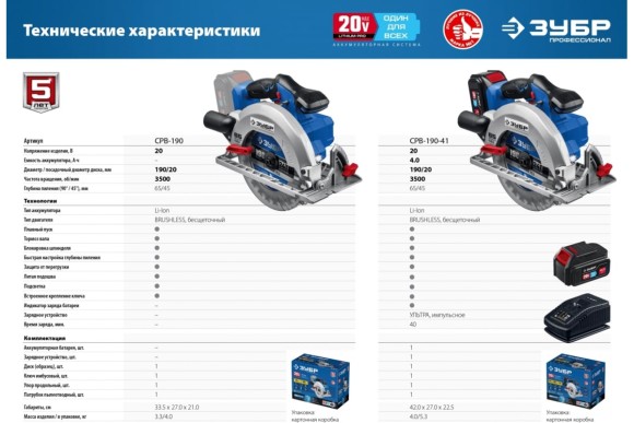 Аккумуляторная пила дисковая ЗУБР CPB-190, 20В, 190*20мм, 65/45мм, 3500об/мин, без АКБ и ЗУ